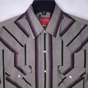 Vintage Plains Western Shirt Mens Medium Gray Striped Pearl Snap